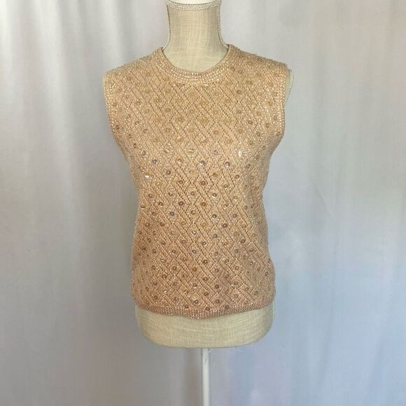 Women’s Vintage Vest Apricot- Beige Wool Sequin Beaded Knit Top. - Picture 1 of 14